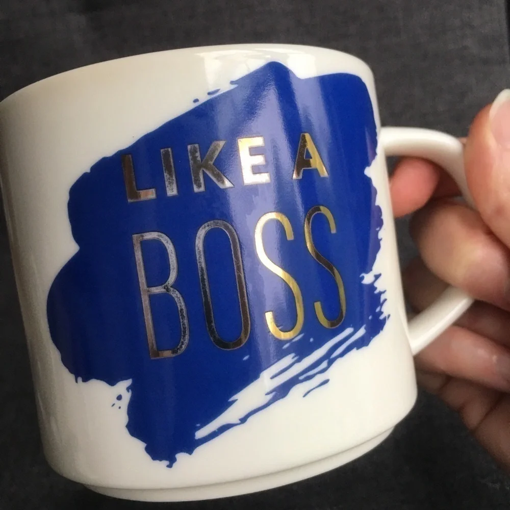 “LIKE A BOSS” Coffee Mug, White, Navy Blue, Gold Foil, 15 oz